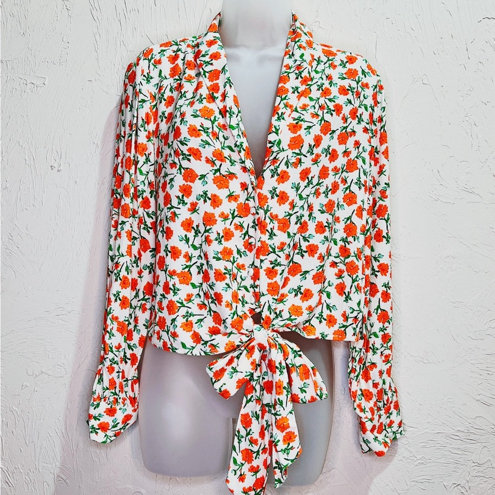 Topshop White and Red Floral Cropped Button Down with Waist Tie Womens 6 NWOT